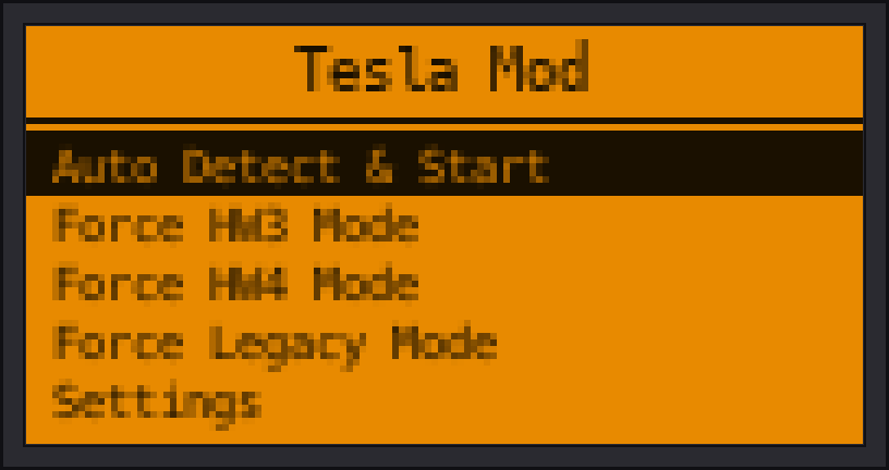 Tesla FSD unlock running on Flipper Zero — main menu, HW detect, and live BMS dashboard
