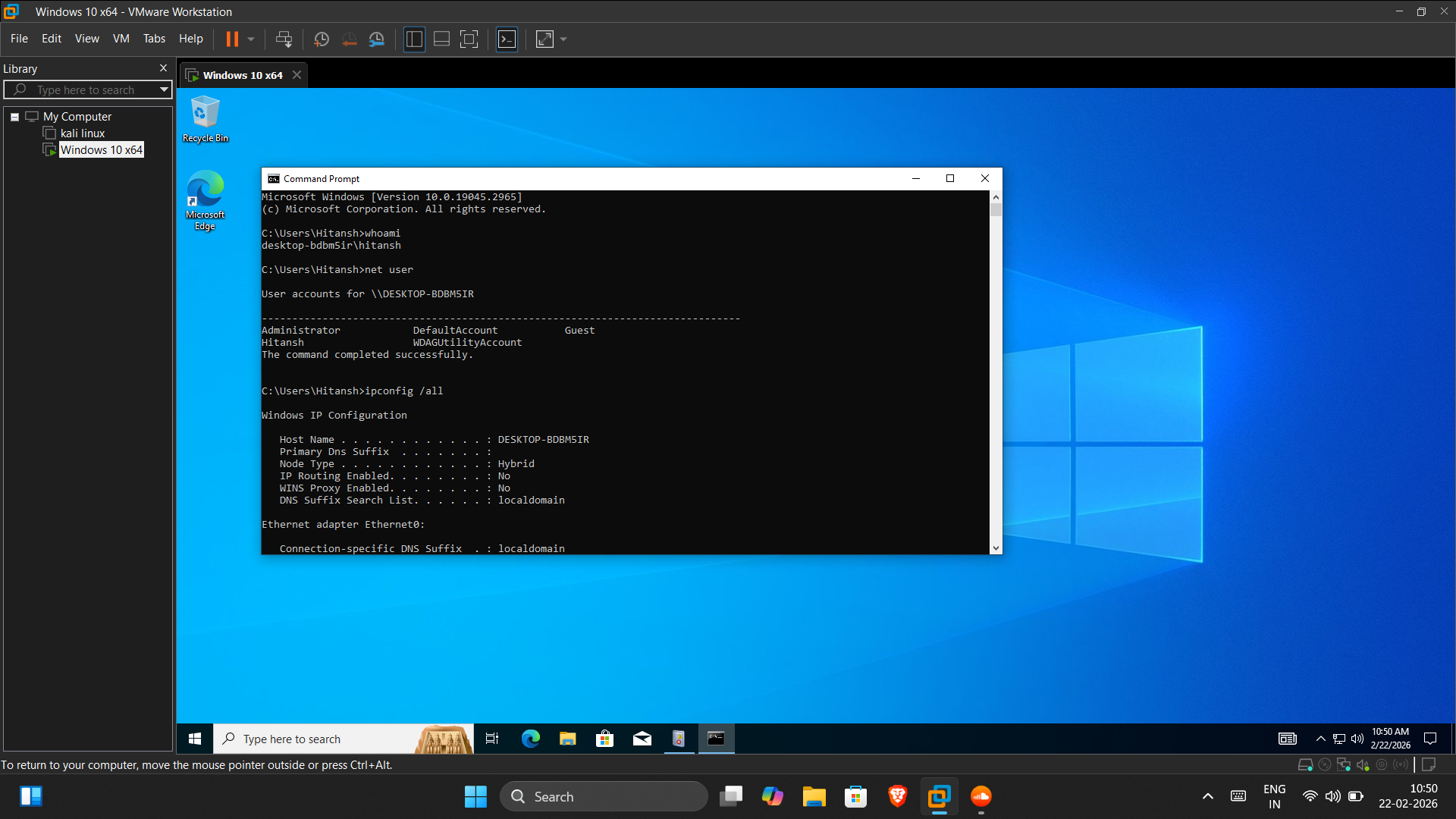 Windows CMD — whoami, net user, ipconfig