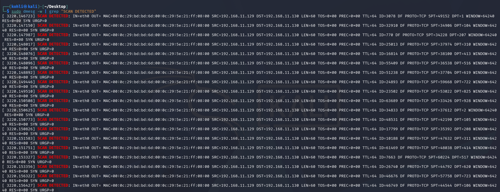内核日志显示 SCAN DETECTED