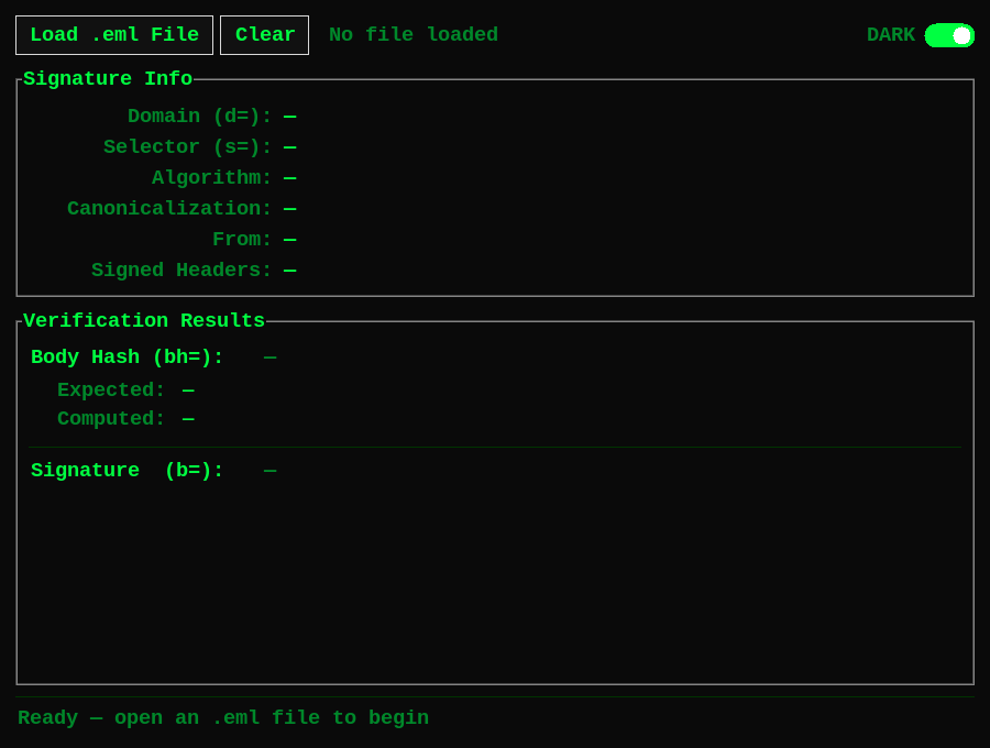 DKIM Verifier — dark/cyber mode