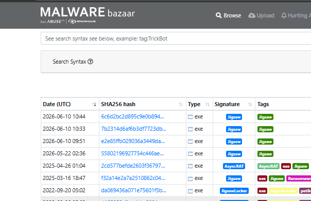 MalwareBazaar 搜索结果显示 Jigsaw 样本