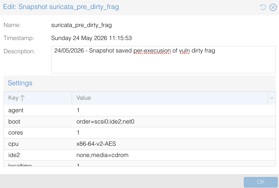 Suricata VM snapshot - suricata_pre_dirty_frag (24 May 2026 11:15:53)