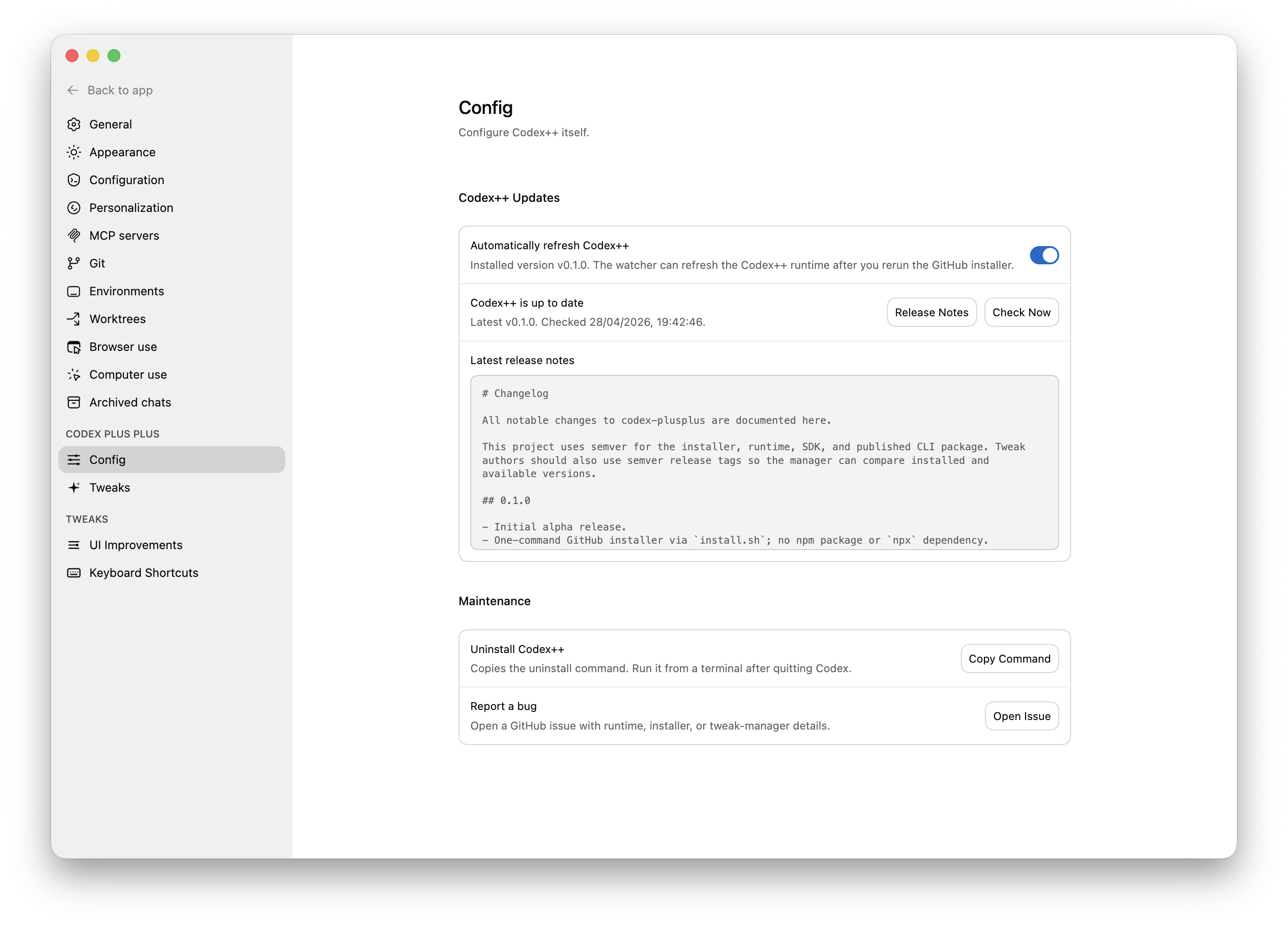 Codex++ settings screenshot