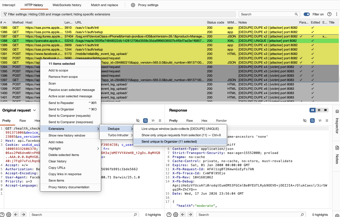 右键点击路径:在 HTTP history 中选择行 → Extensions → Dedupe → Send unique to Organizer(此处选择了 11 行);Dedupe 子菜单还提供了实时窗口和 Ctrl+9 快照