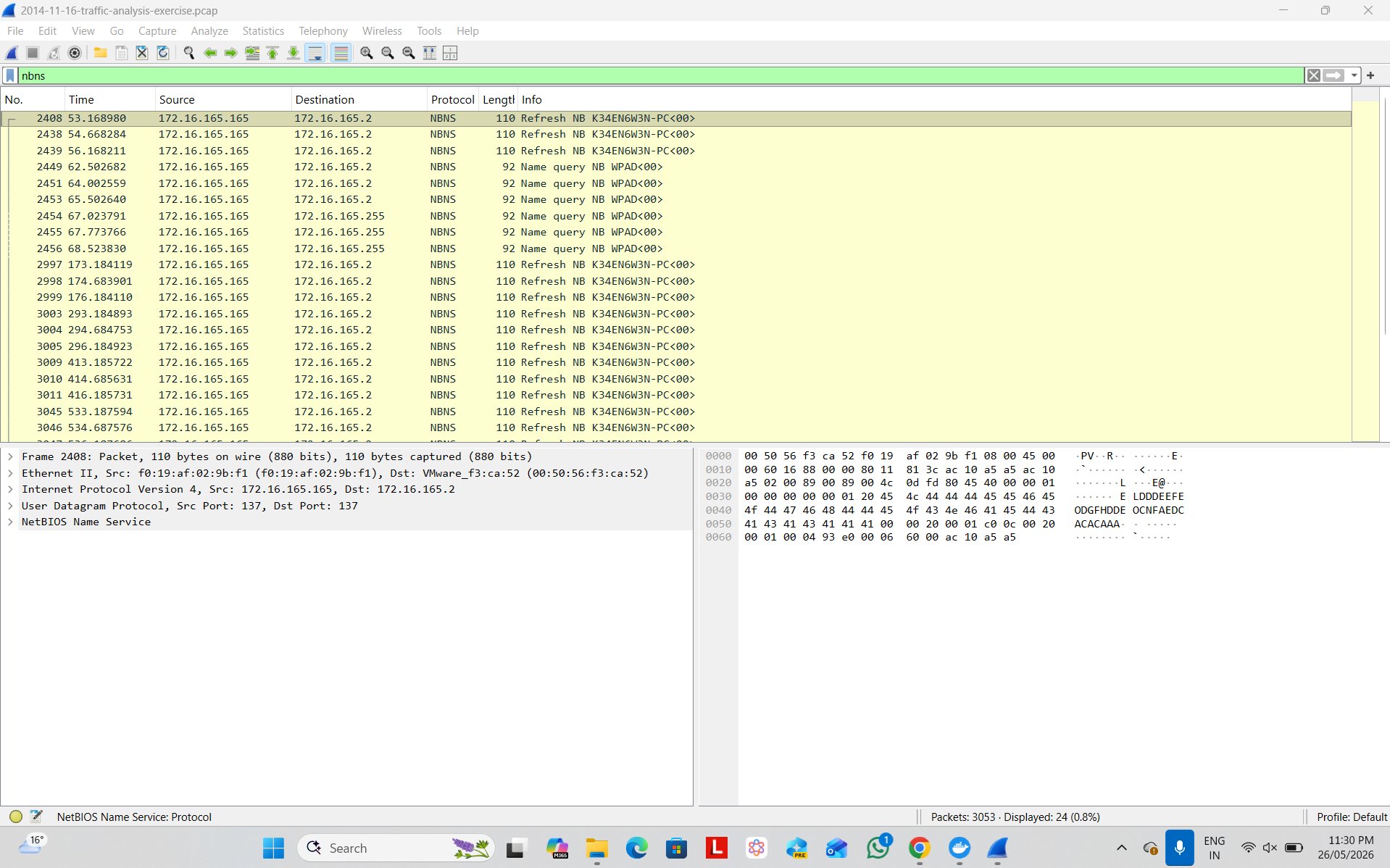 NBNS traffic revealing the hostname K34EN6W3N-PC