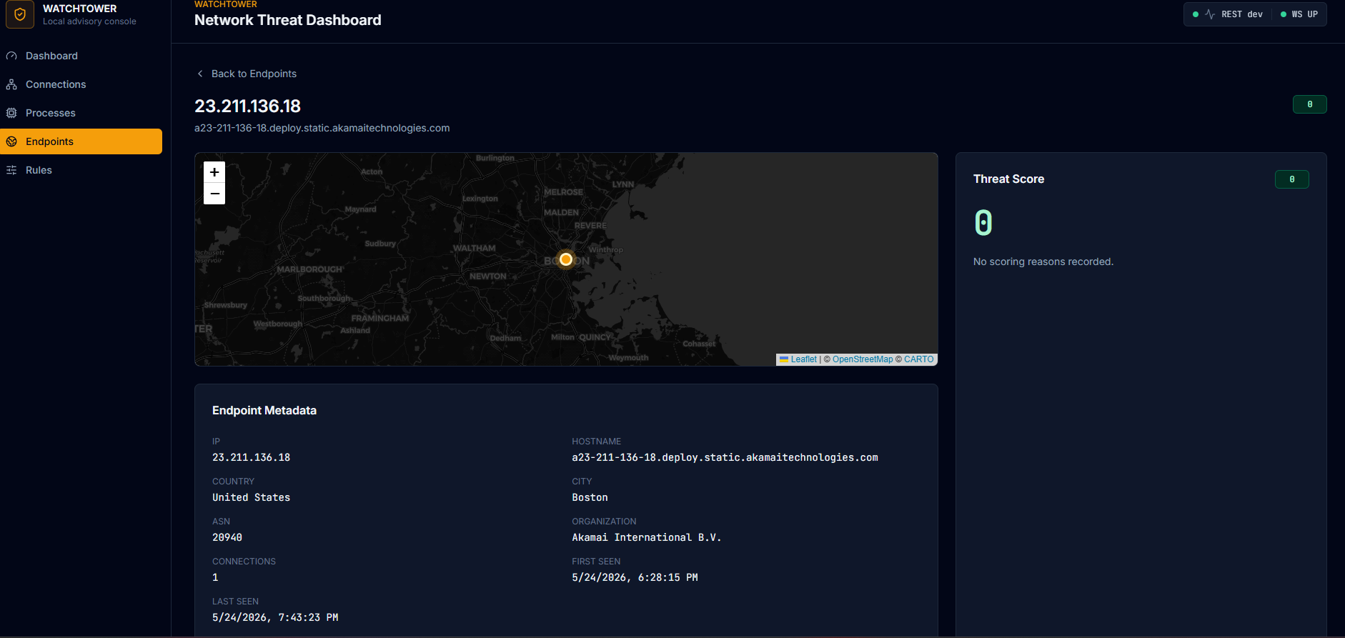 Endpoint detail view — an Akamai CDN node geolocated in Boston, MA