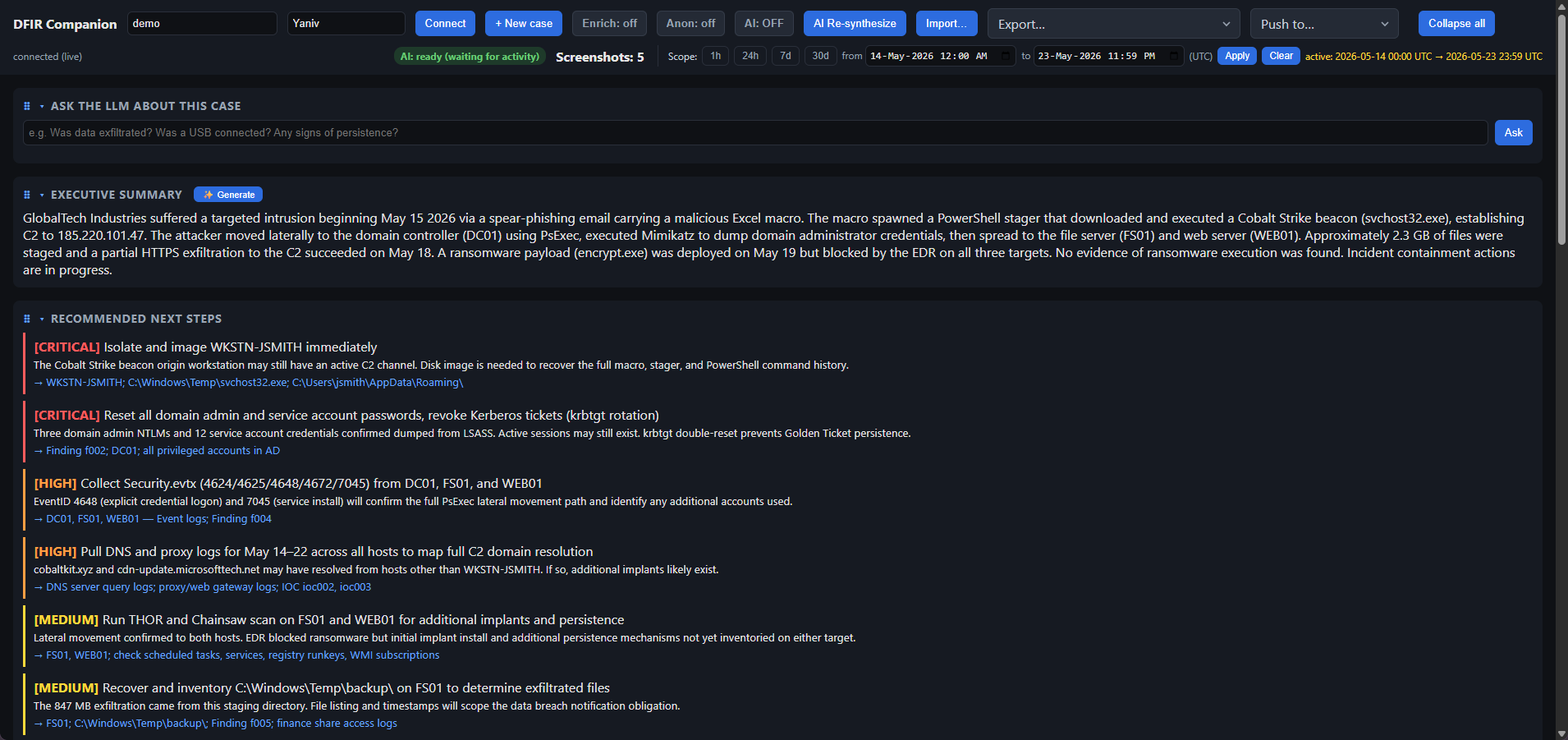 DFIR Companion — AI executive summary and prioritized remediation next steps