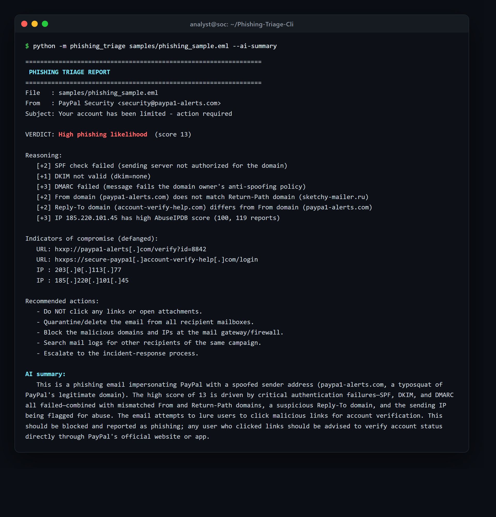 钓鱼邮件分诊 CLI — 终端输出