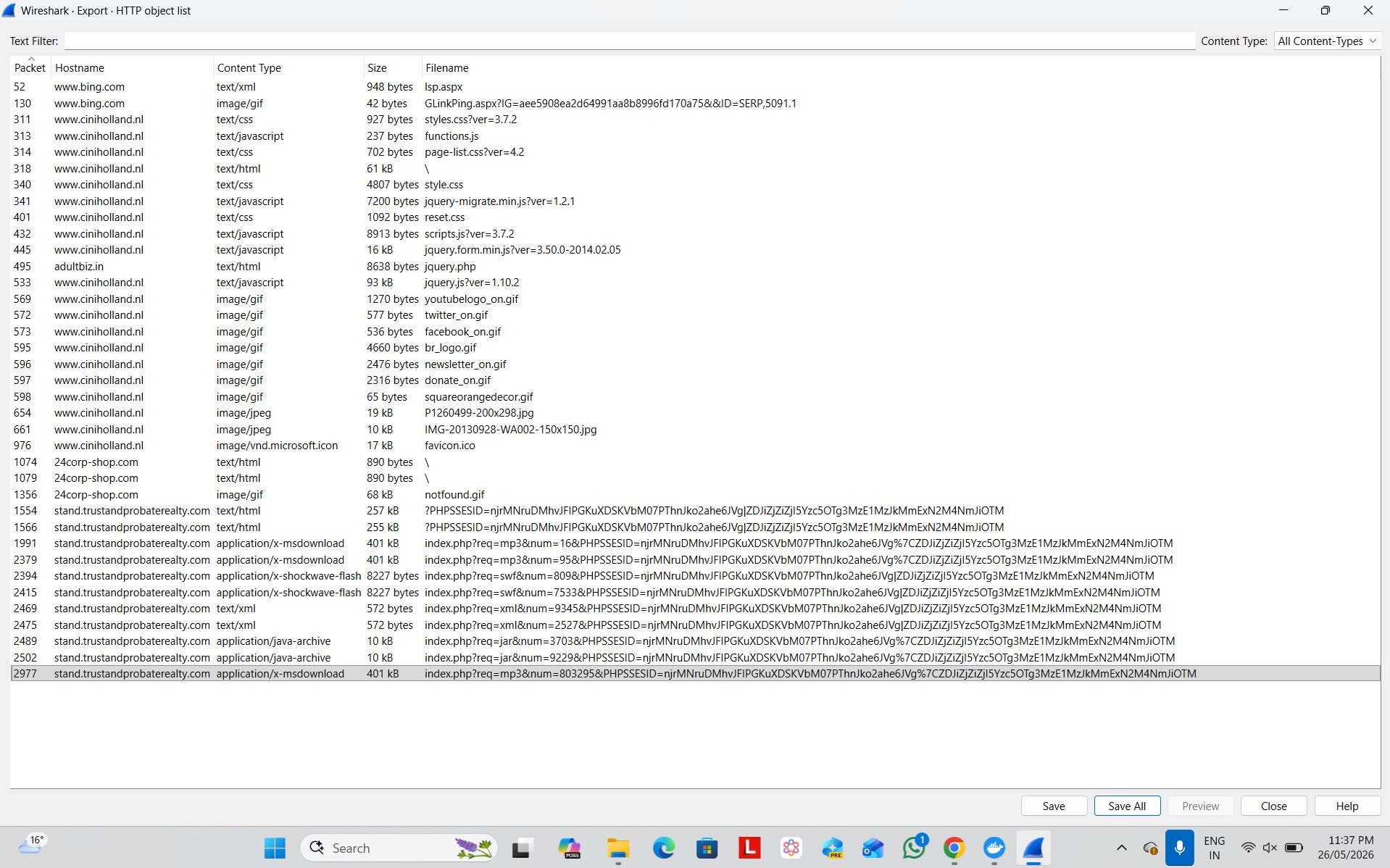Wireshark Export Objects showing the payload and exploit files from the EK server
