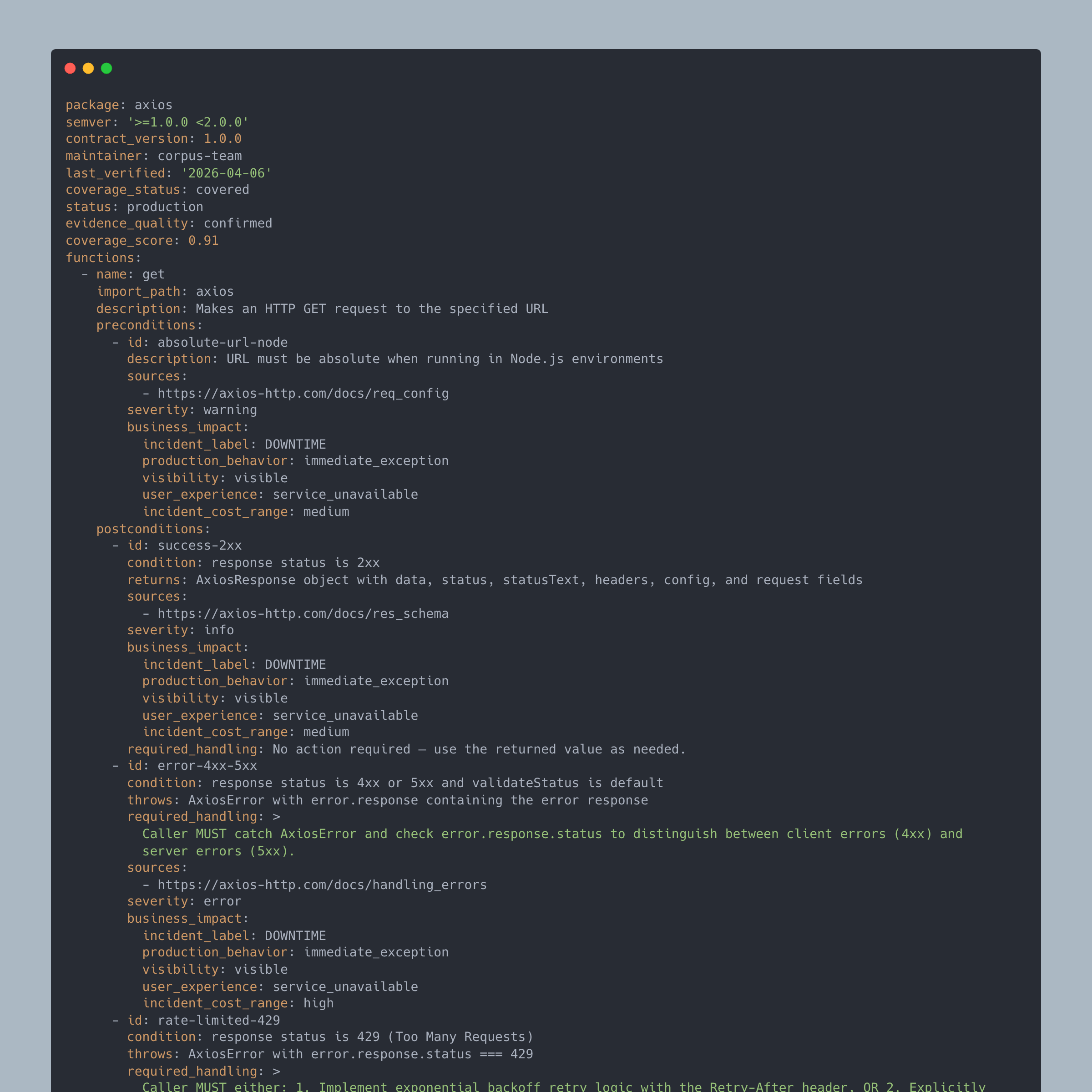 A nark contract.yaml file showing the structure of postconditions, triggers, and required error handling