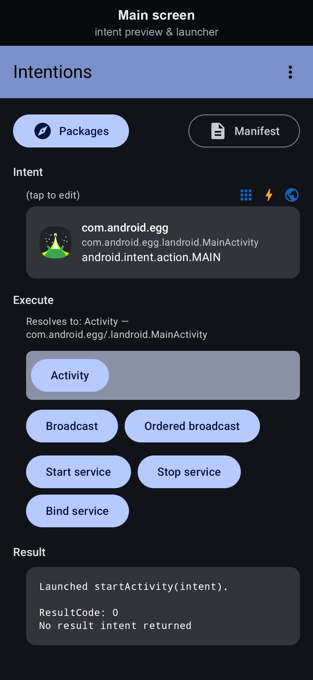 Main screen — intent preview and launcher screenshot