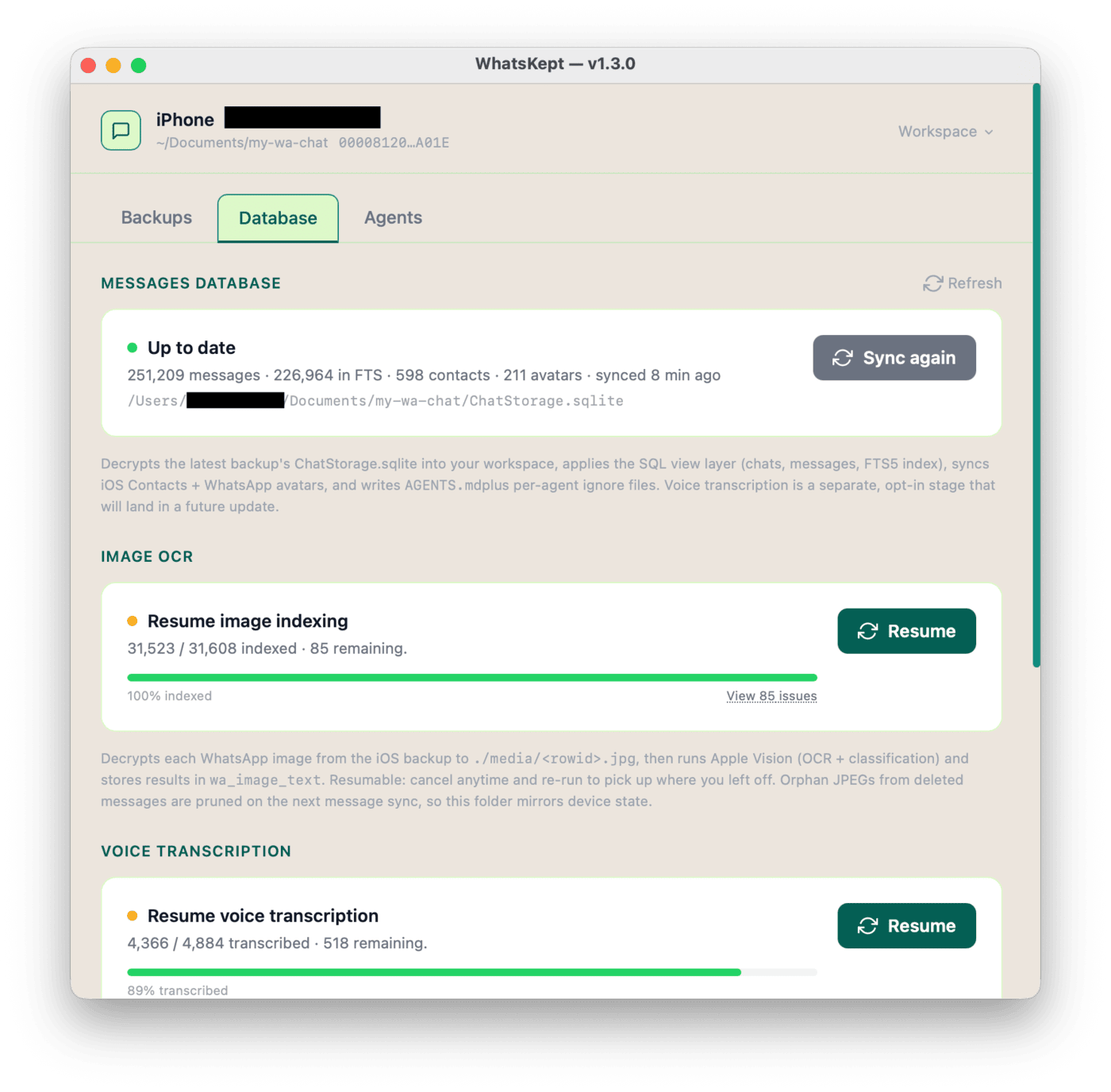 Database tab