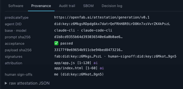 Provenance 标签页 — 完整的签名 in-toto/SLSA 证明