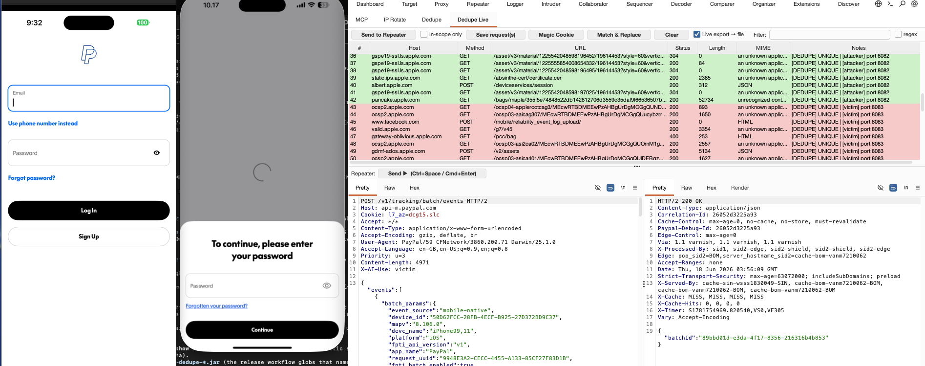 DedupeAI 中的多账号 IDOR/BOLA — 攻击者流量(绿色,端口 8082)对受害者(红色,端口 8083),在内联 Repeater 中使用受害者的 session(`X-AI-Use: victim`)重放捕获的请求