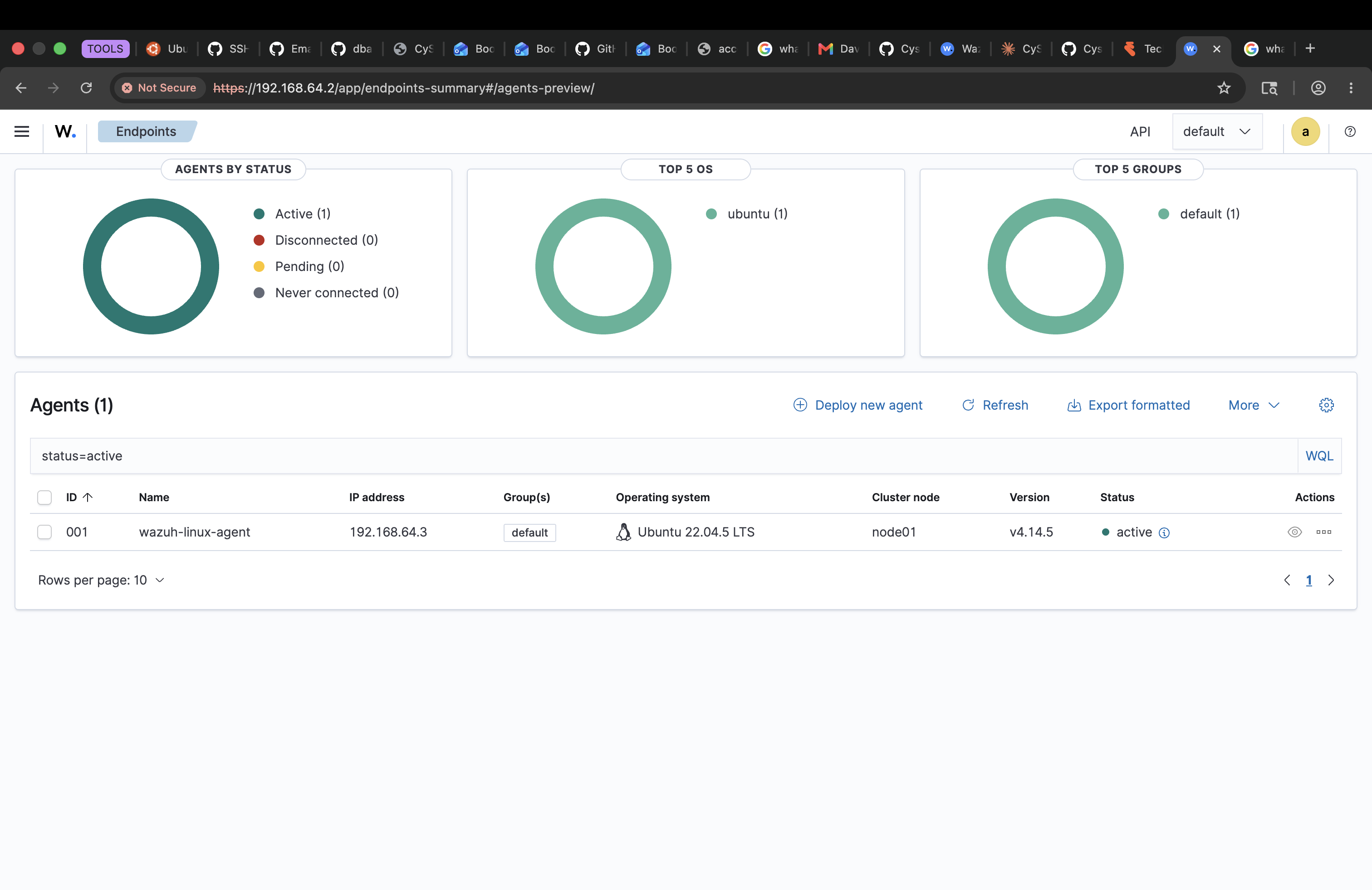 Wazuh agents view confirming wazuh-linux-agent is active