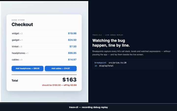 Debug replay — Chrome journey + live trace panel