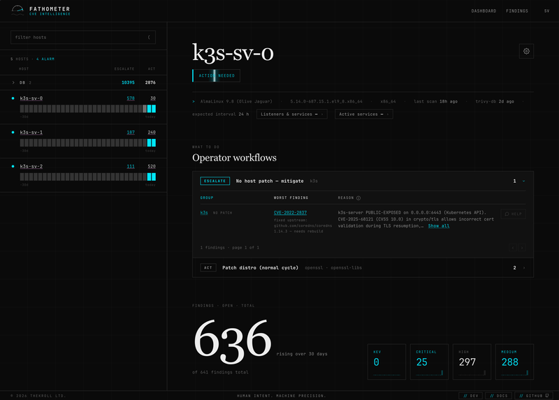 Server detail — per-host triage with each finding's AI verdict and the reasoning behind it