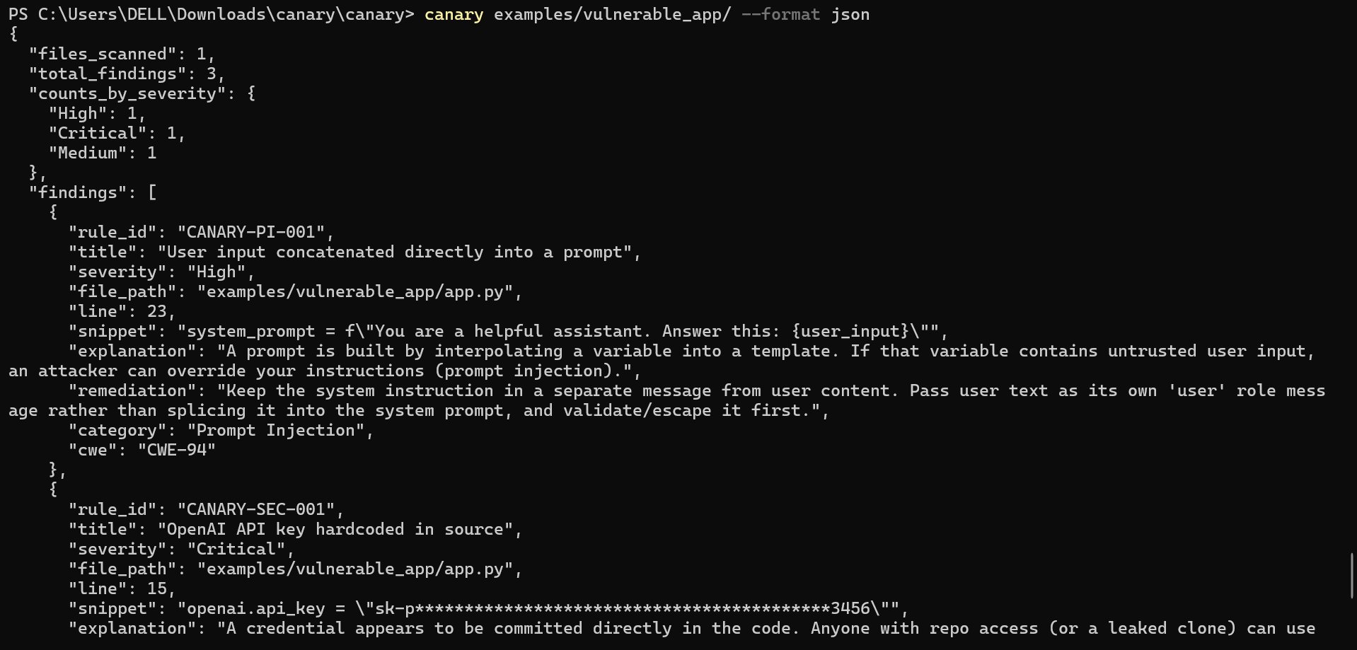canary JSON 输出