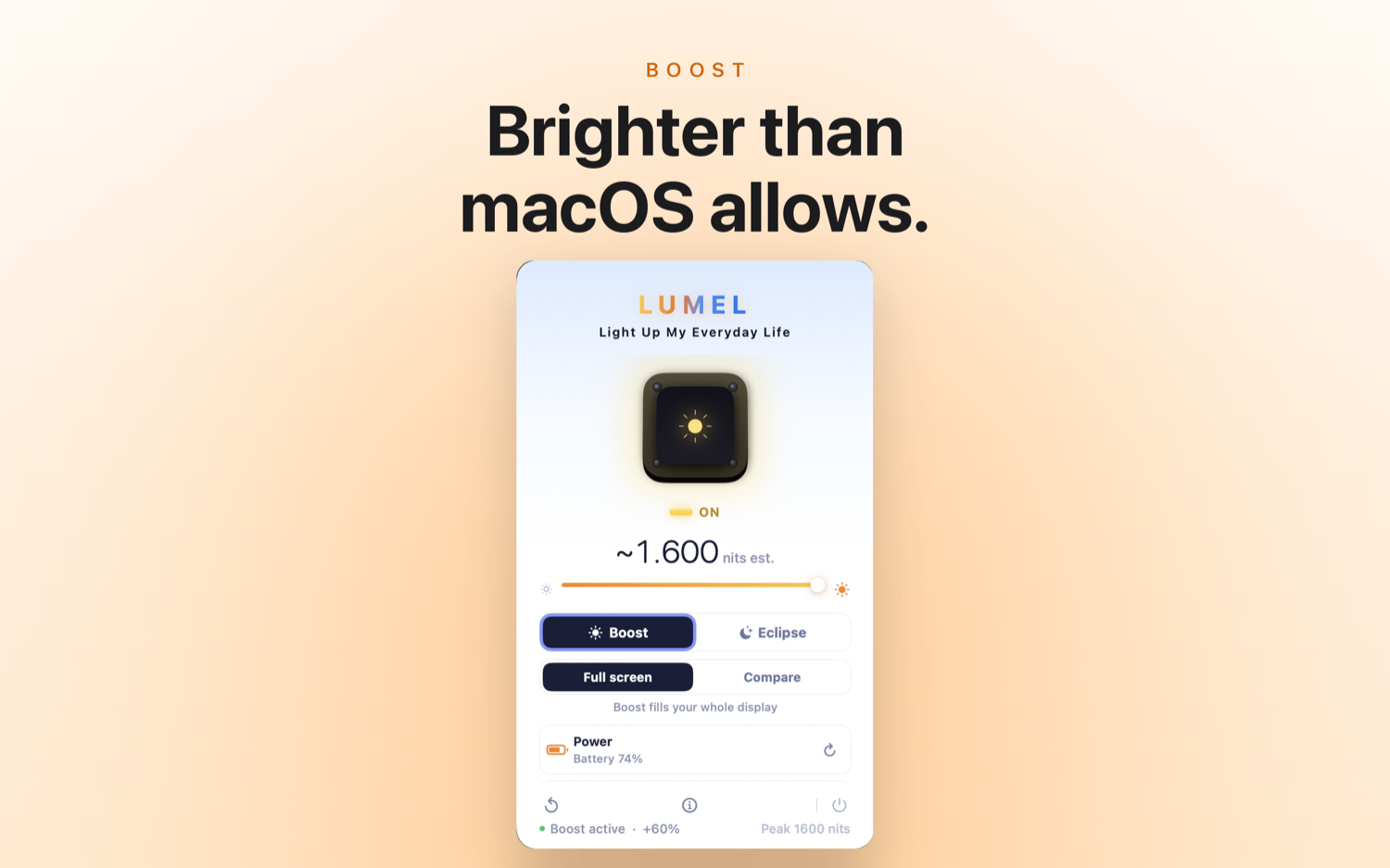 LUMEL boosting a MacBook XDR display brighter than macOS allows, from the menu bar