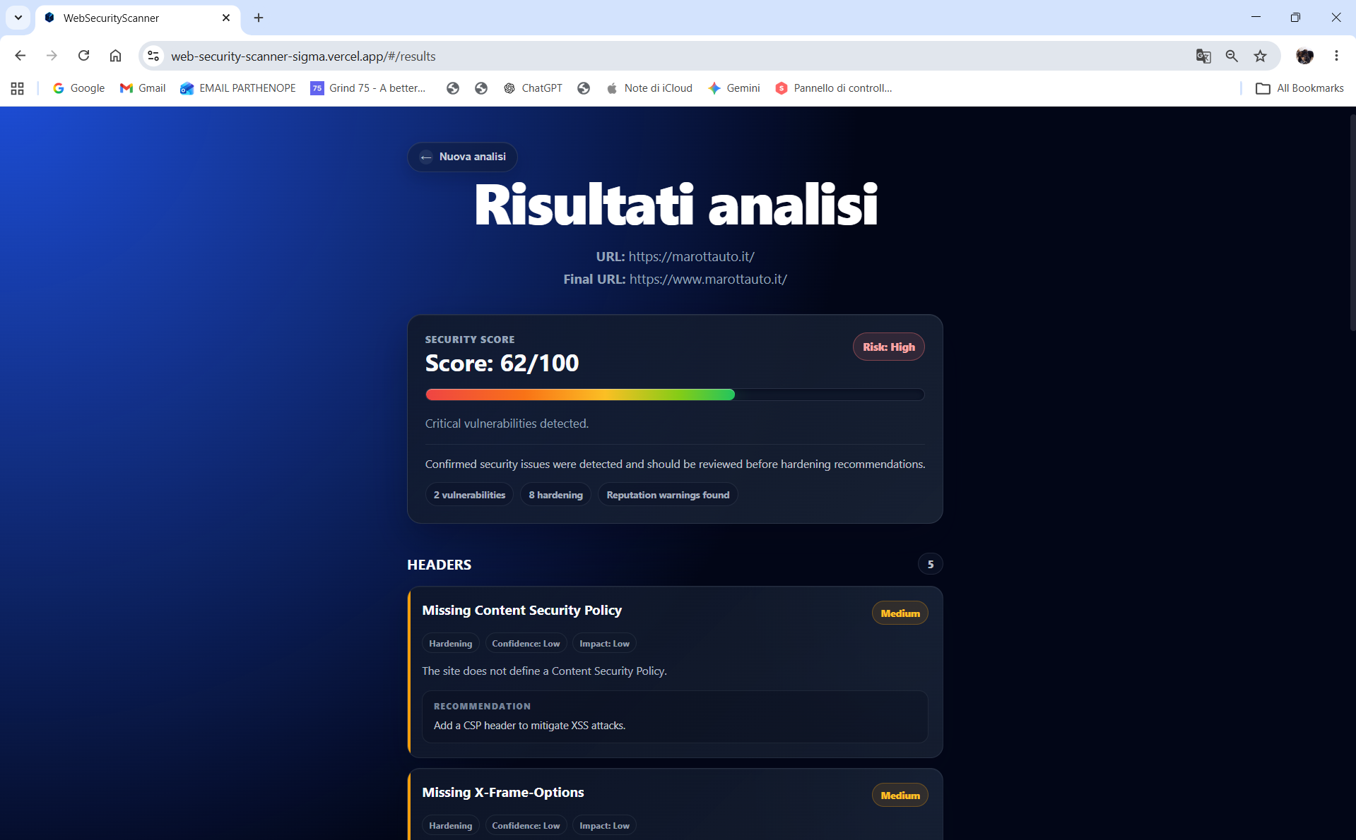 Risultati analisi Web Security Scanner