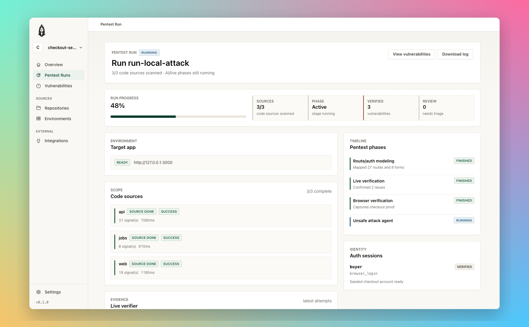 Nyx Agent live pentest run with app readiness, auth sessions, repo progress, pentest phases, and live verifier proof