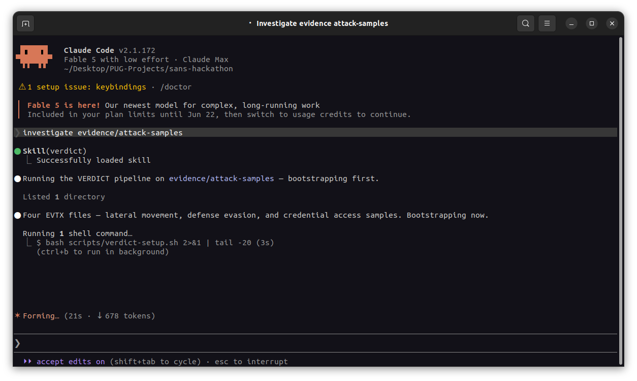 Driving VERDICT interactively as a Claude Code agent investigating four EVTX samples