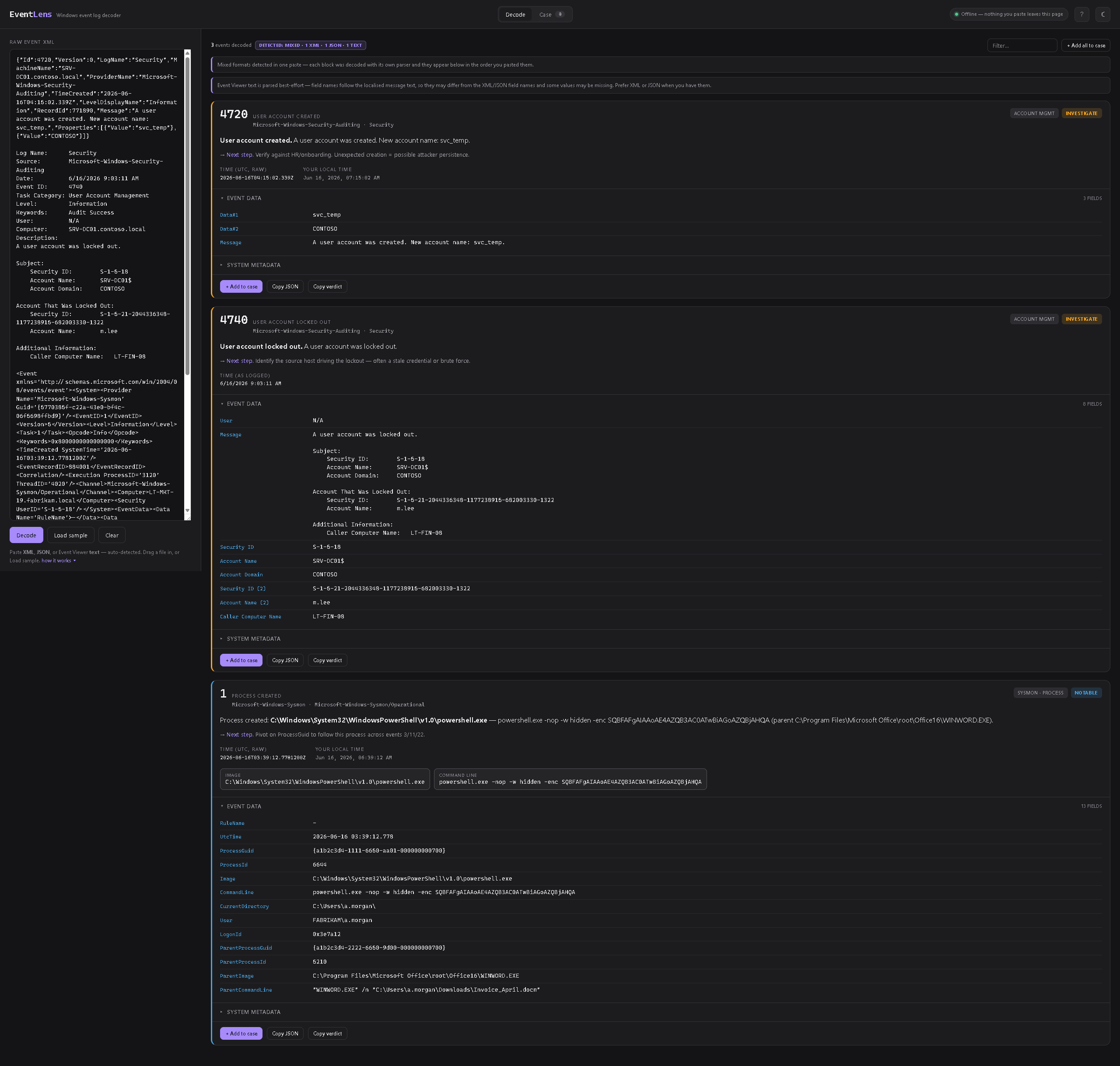 EventLens decode view, dark mode