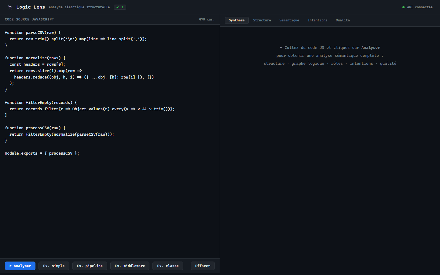 Logic-Lens interface — code editor + analysis tabs