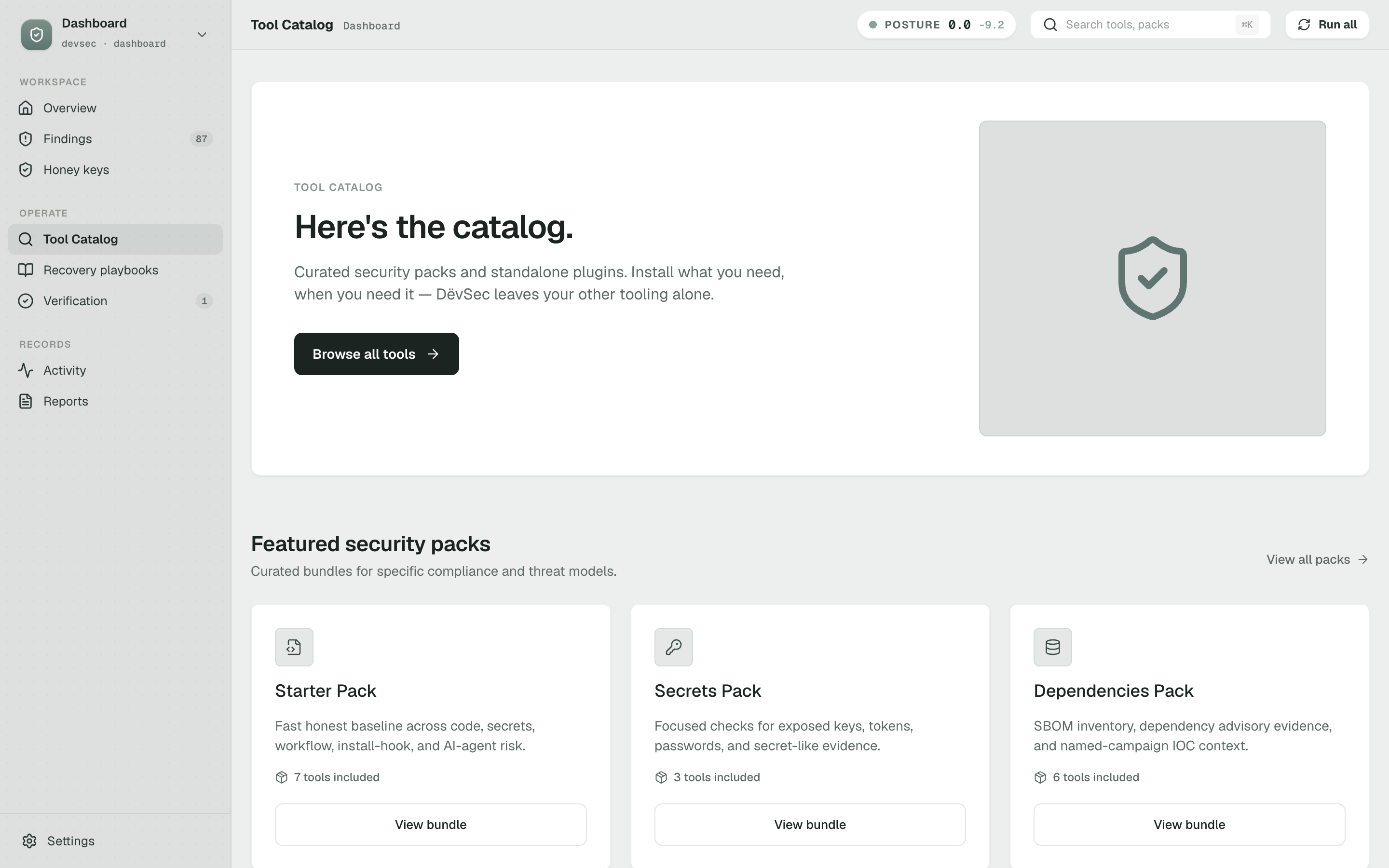 Tool Catalog home page with featured security packs