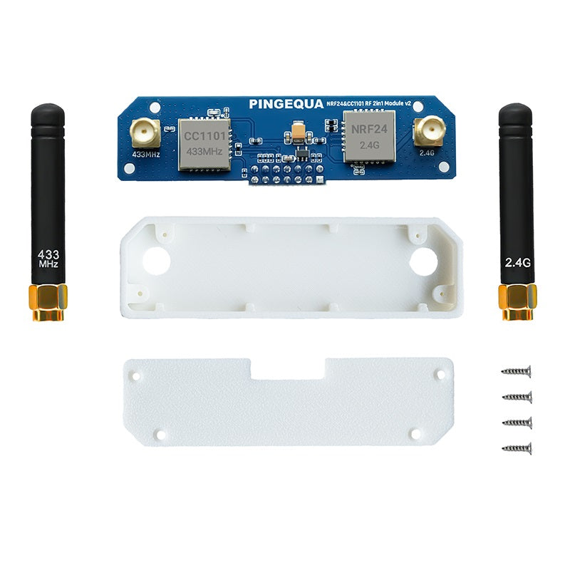 Hydra RF 424 Cap kit contents — PCB, 433 MHz antenna, 2.4GHz antenna, Cap shells, screws