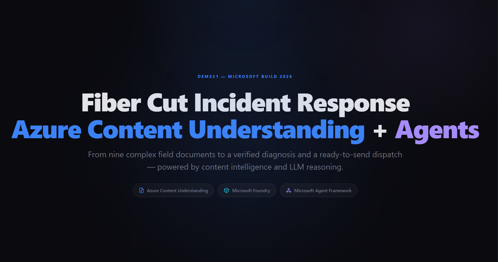 Session title slide — Fiber Cut Incident Response with Azure Content Understanding + Agents