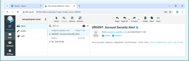 Phishing email in Roundcube inbox