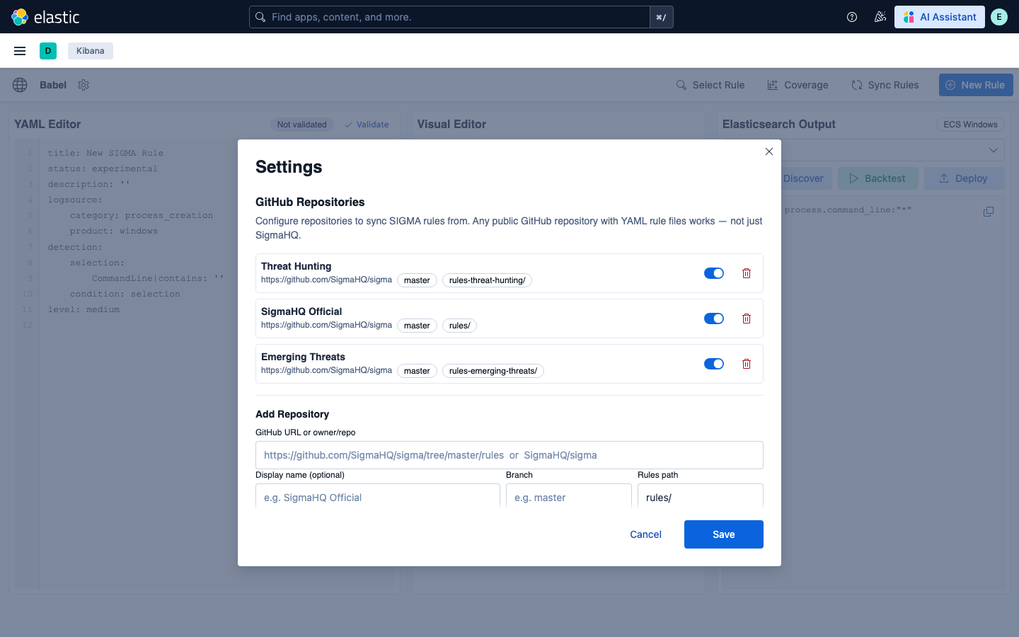设置模态框显示三个已配置的 GitHub 仓库
