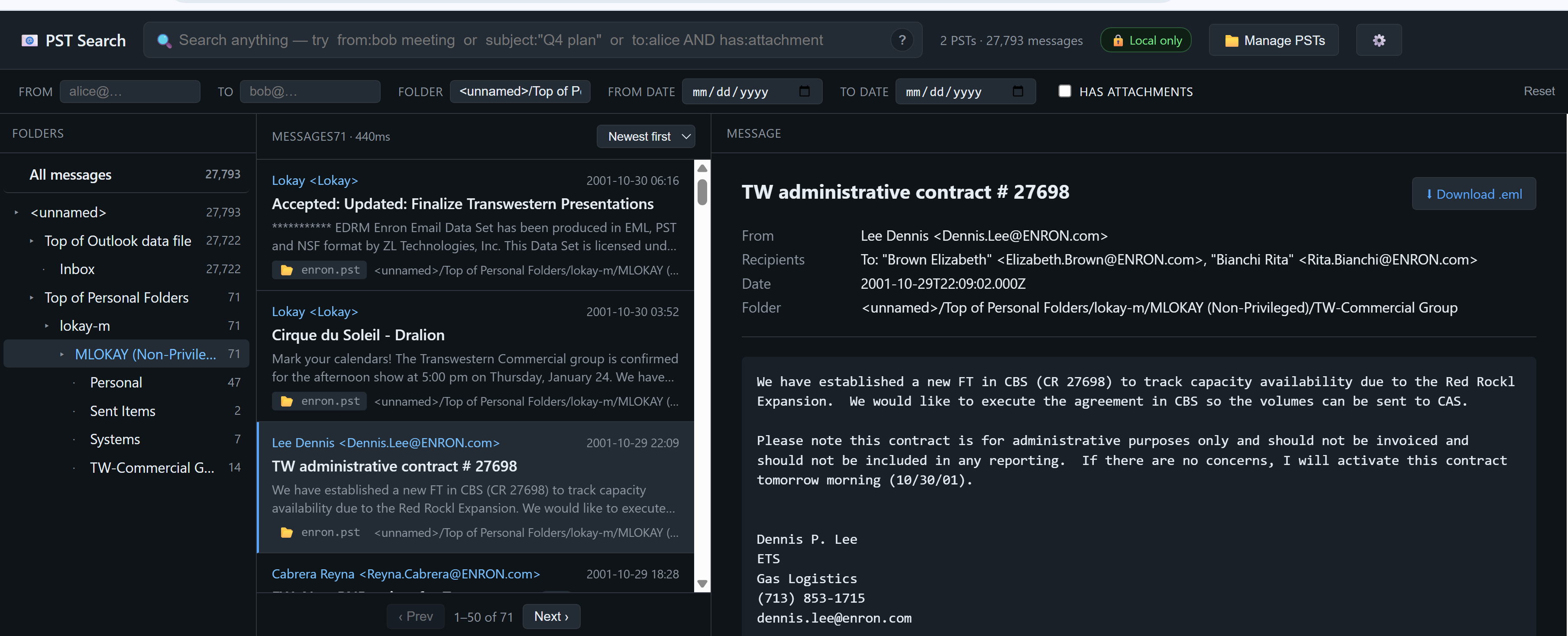 PST 搜索 UI — 文件夹树,搜索结果,消息详情
