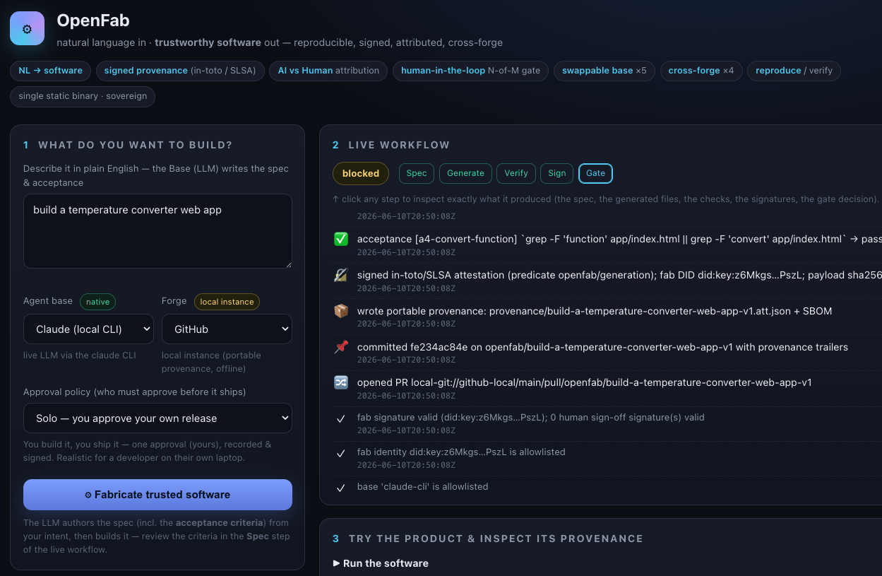 OpenFab web UI — 输入自然语言,输出可信软件
