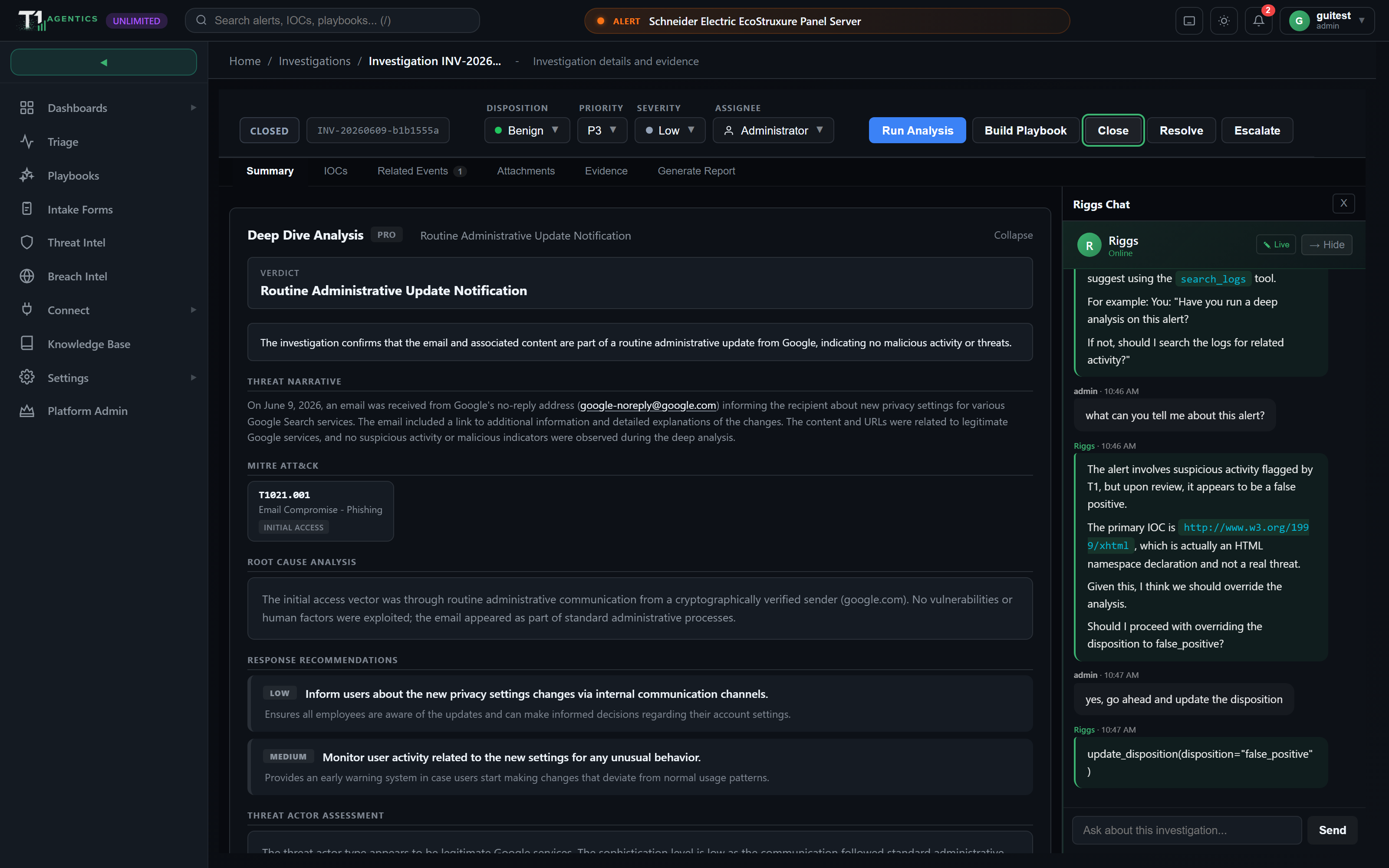 T1 Agentics — AI-assisted investigation with the Riggs assistant