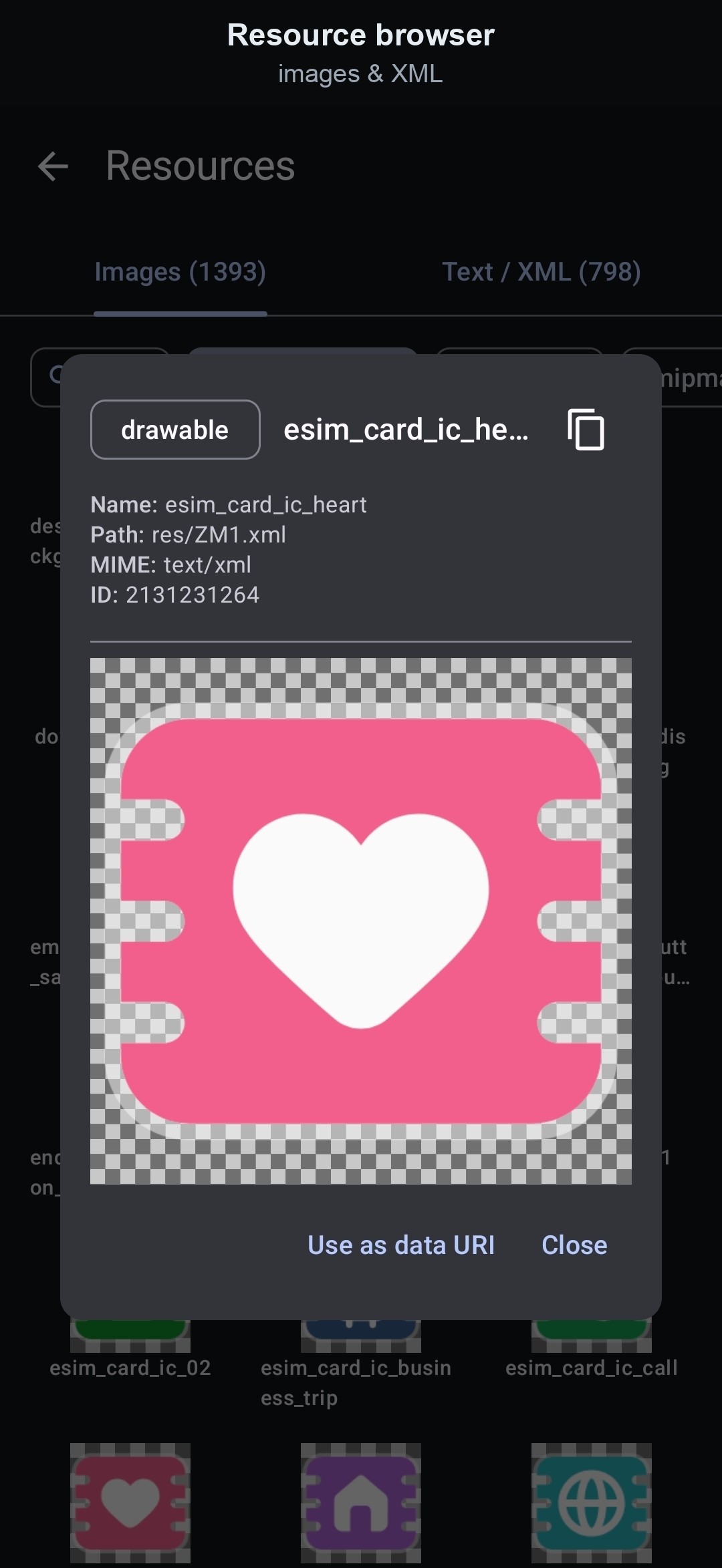 Resource browser — images and XML screenshot