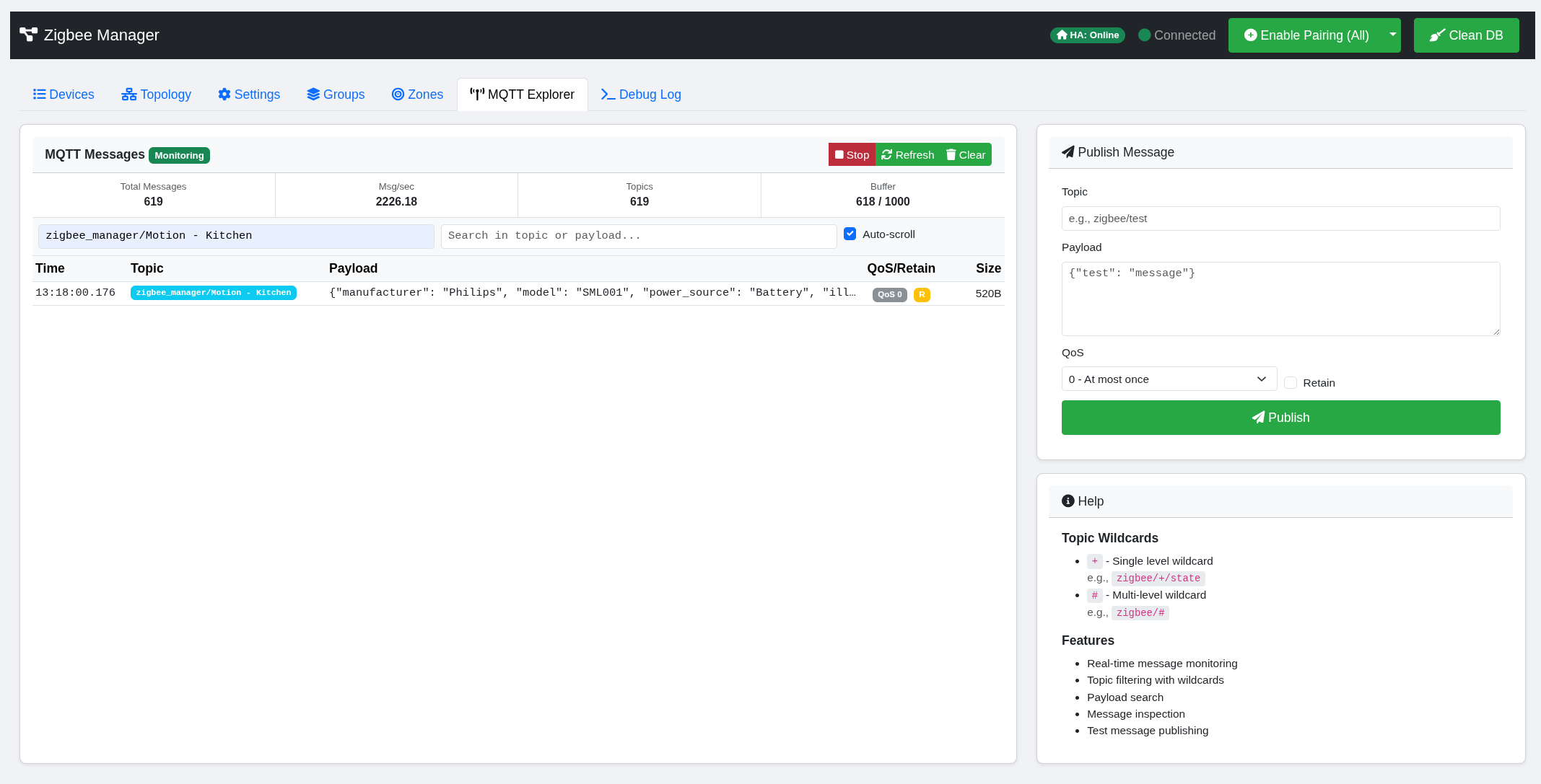 MQTT Explorer showing live message stream with filters