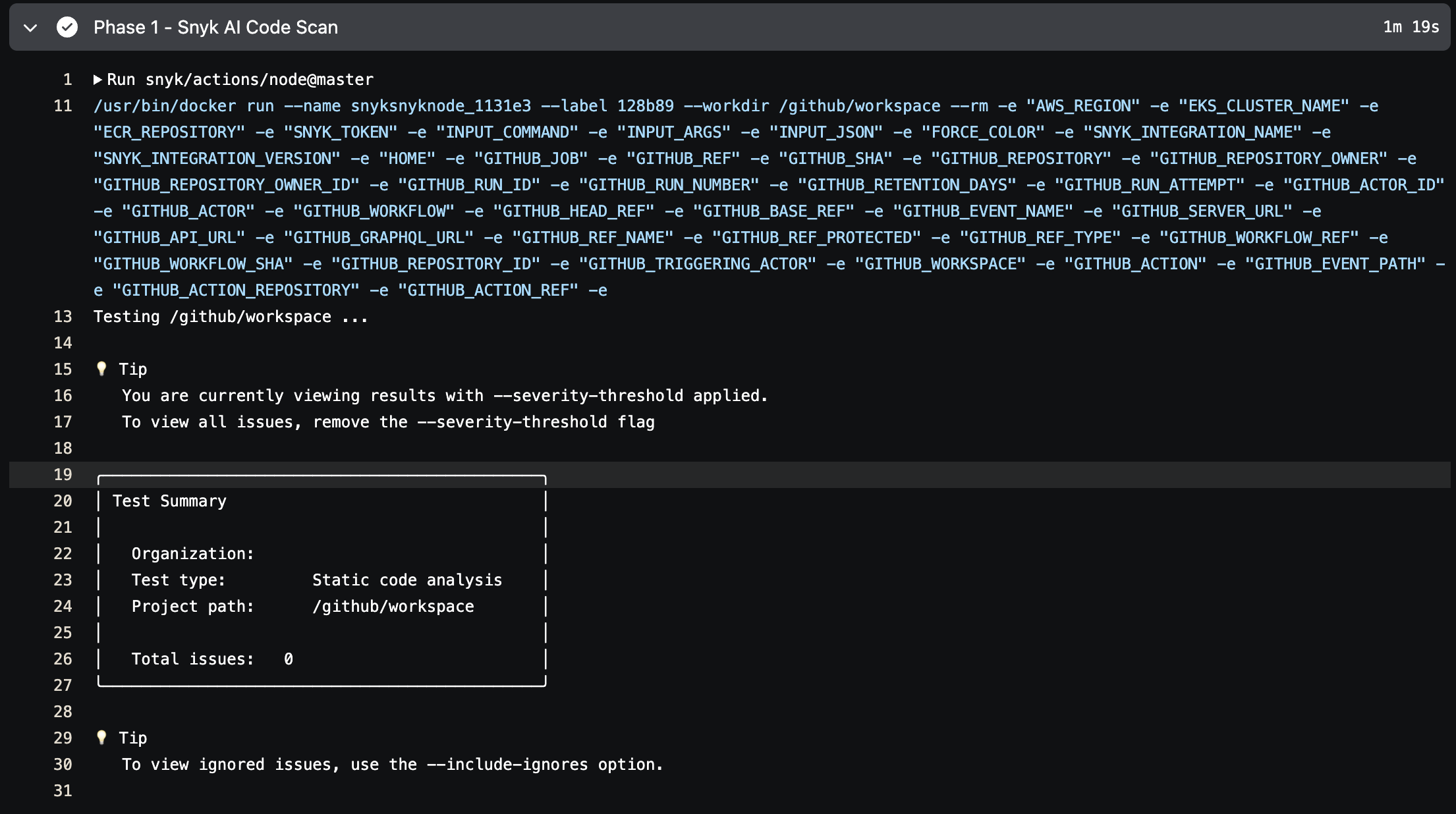GitHub Actions log showing Snyk Code scan completed with 0 total issues