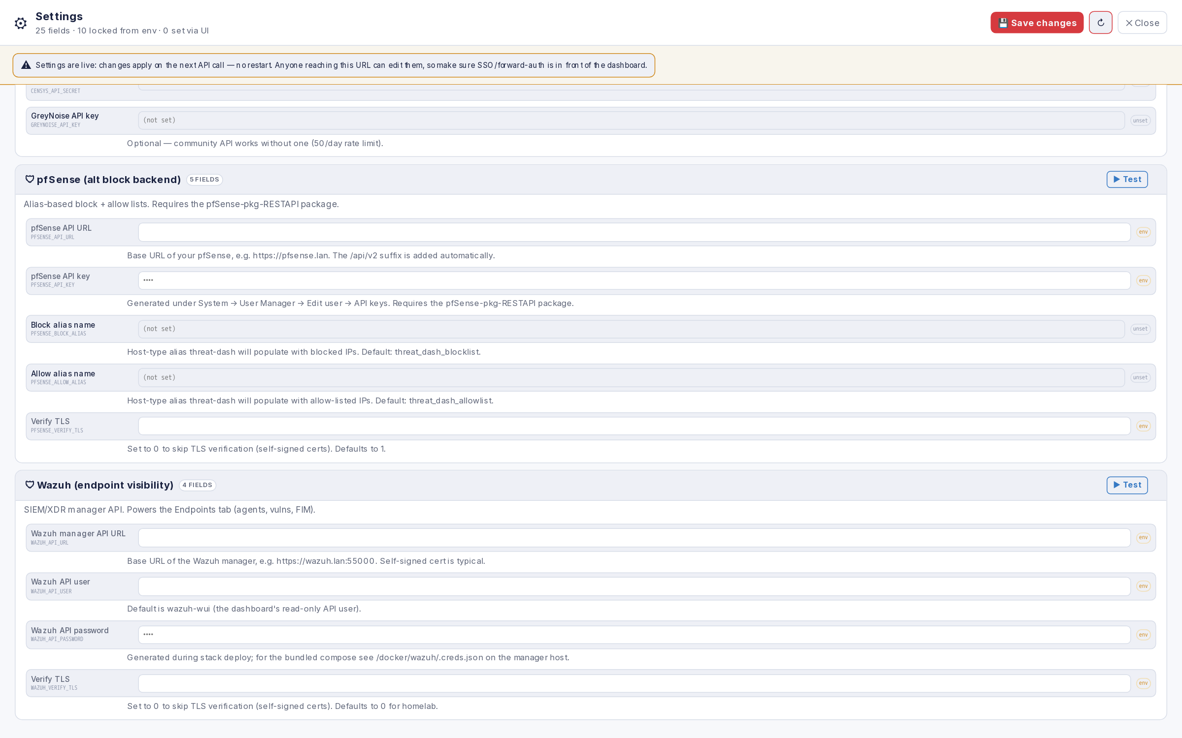Settings UI showing Cloudflare, pfSense, and Wazuh configuration sections