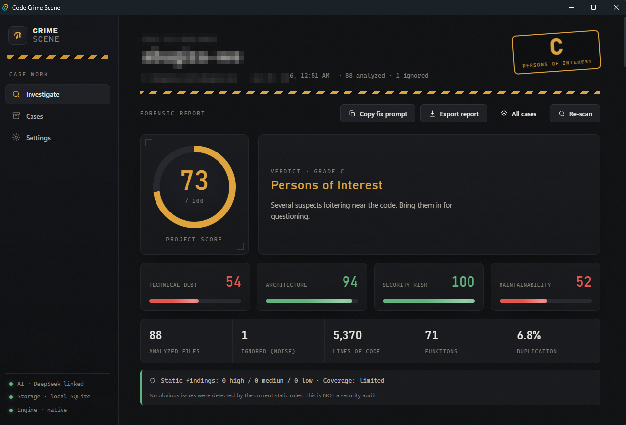 The forensic report — five scores, a graded verdict, and prioritized findings