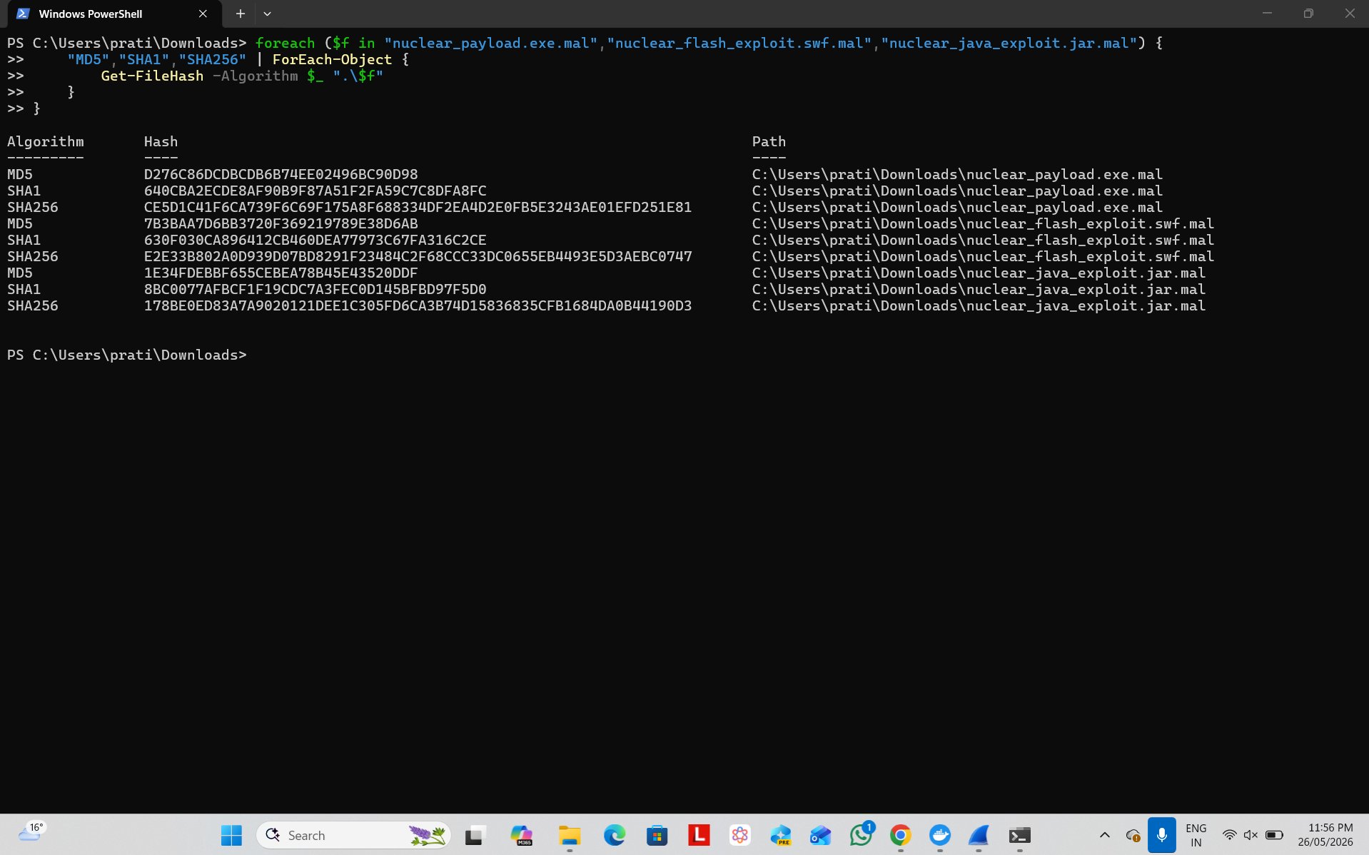 PowerShell Get-FileHash output for all three malware samples