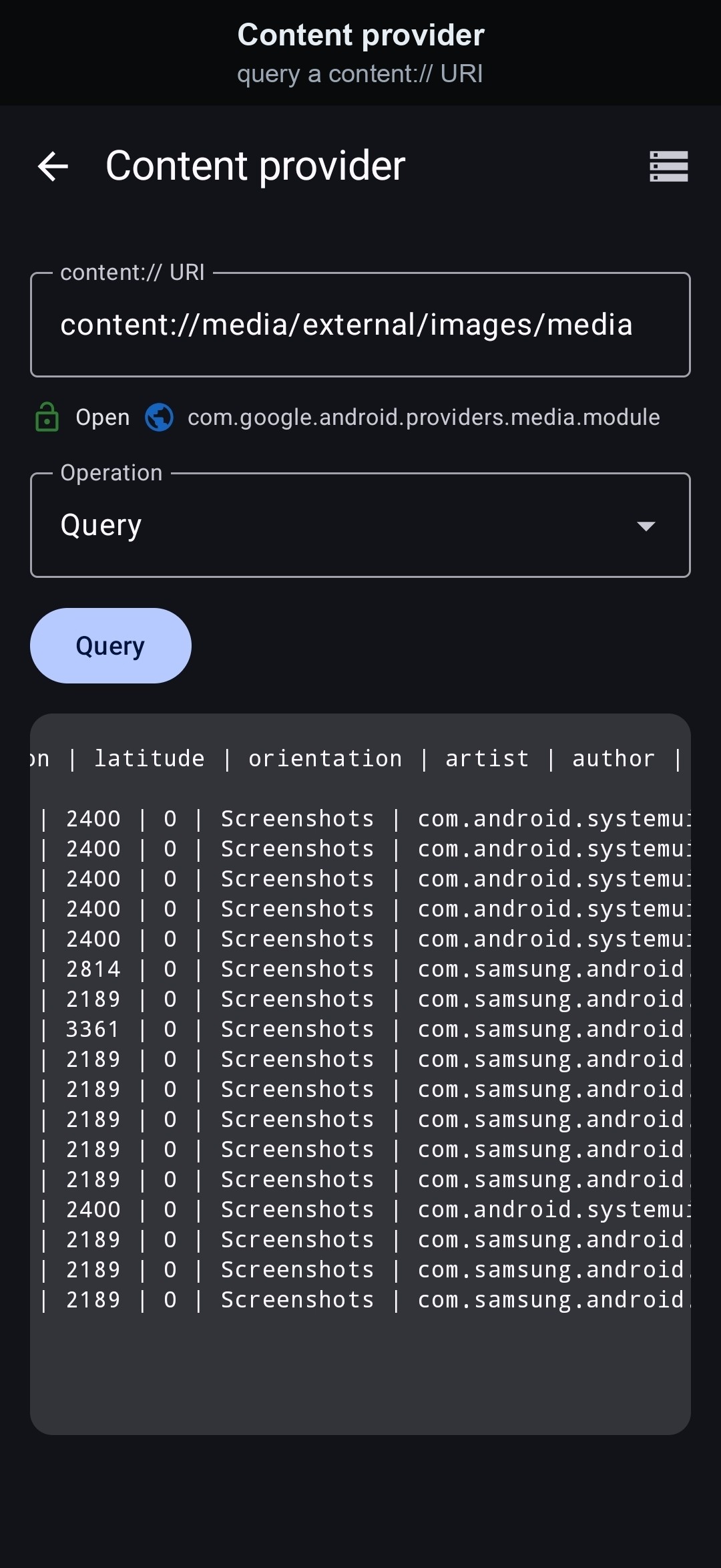 Content provider — query a content URI screenshot