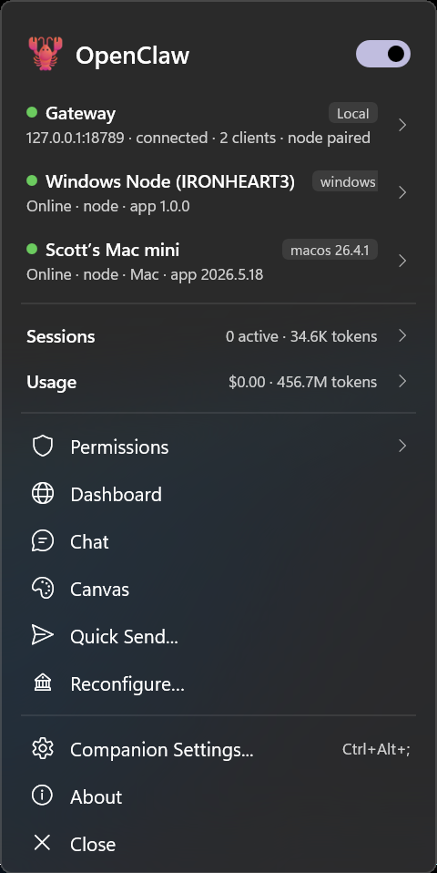OpenClaw Windows Hub 托盘菜单