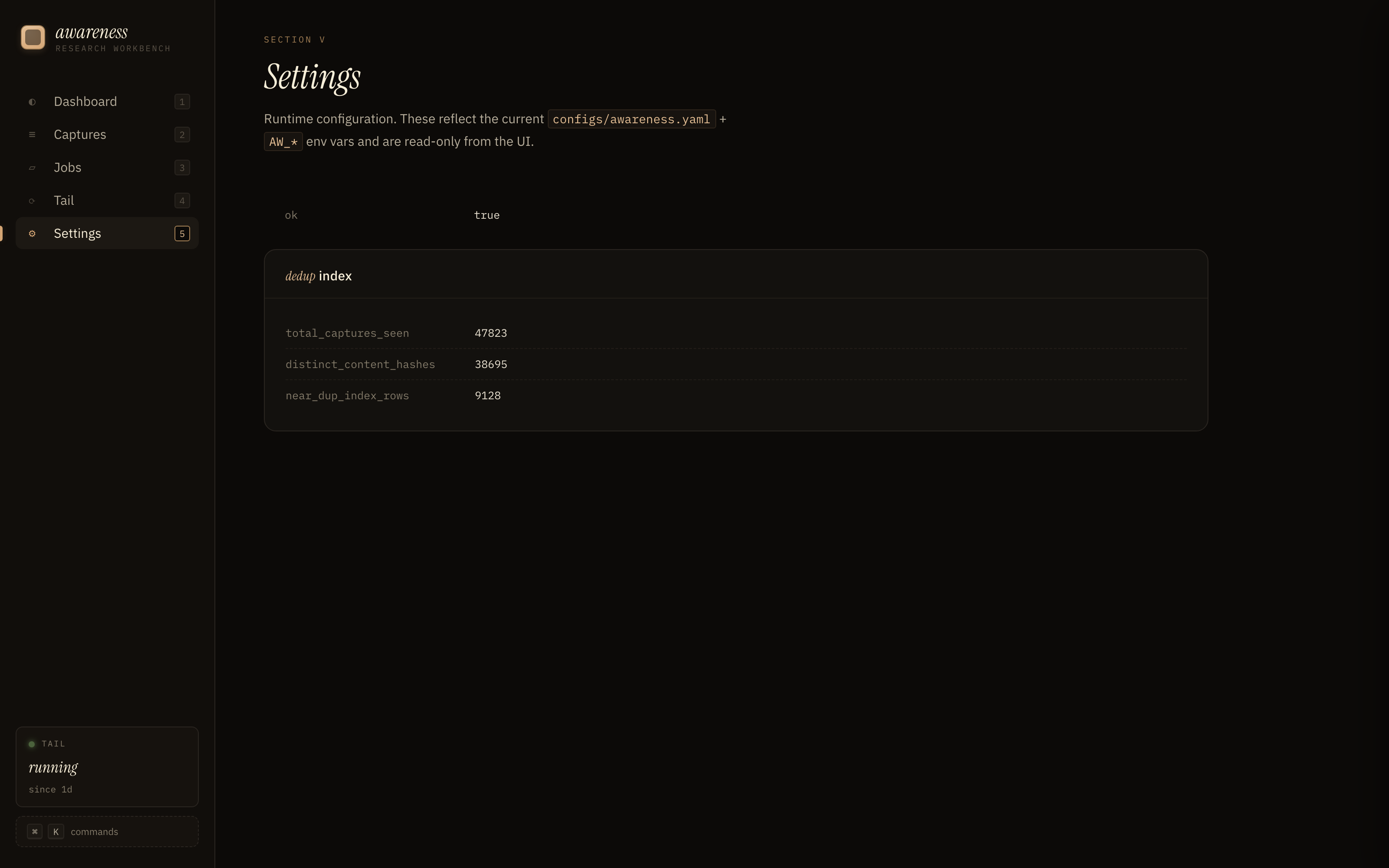 Settings page with backfill submission form, source toggles, language filters, project / data directory paths