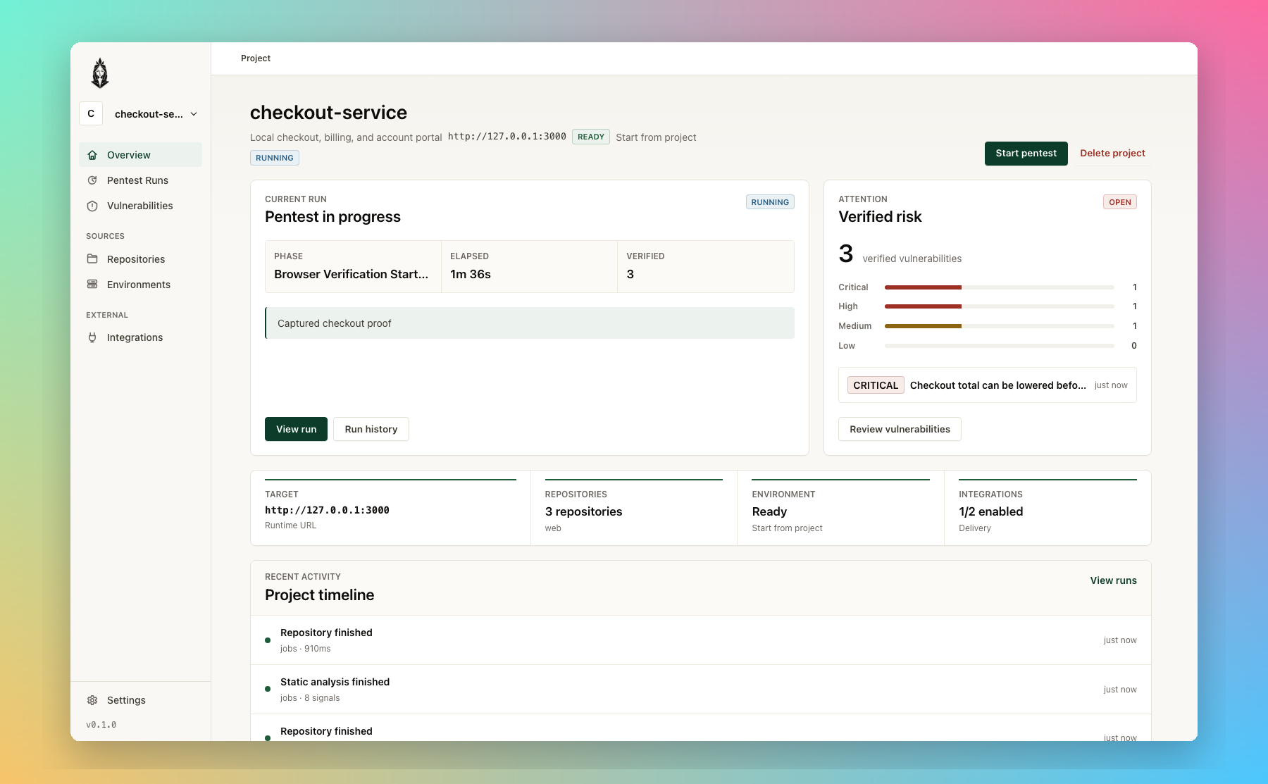 Nyx Agent project workspace with a live pentest, verified risk, target status, repositories, and recent activity