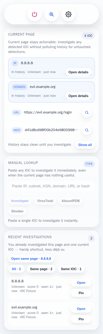 Popup with current-page summary and history