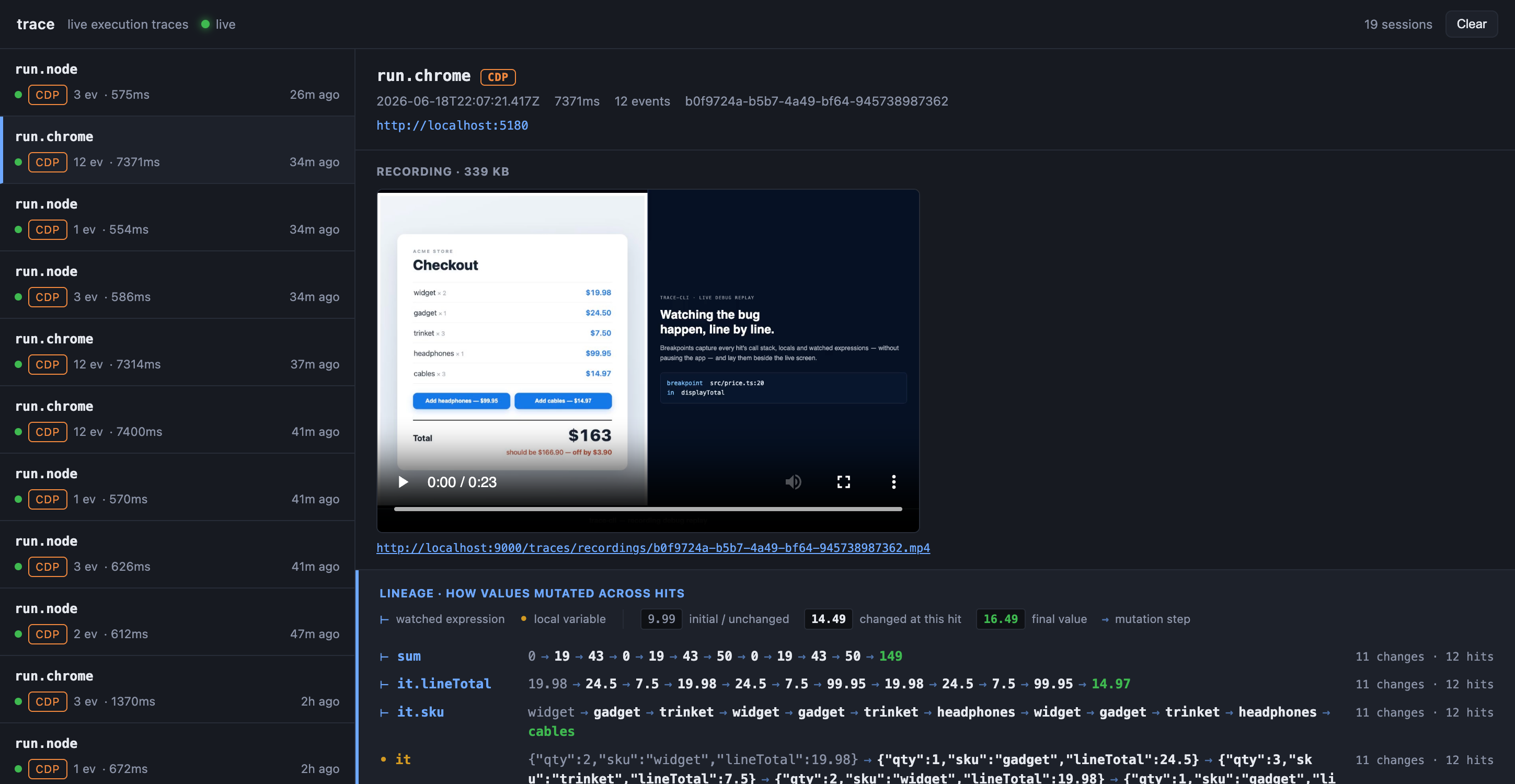 Realtime dashboard — a Chrome session with its replay video and mutation lineage