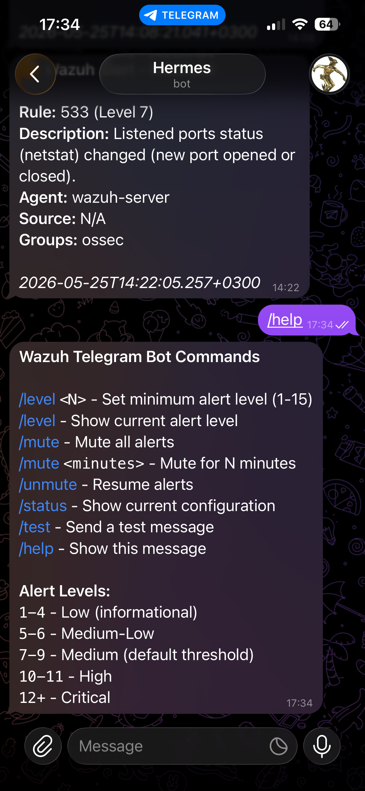 A Telegram push from the alert bot: rule 533 at level 7, "Listened ports status (netstat) changed", with agent, source, group, and timestamp fields.