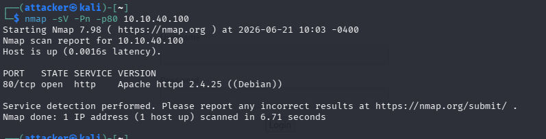 nmap -sV -Pn -p80:主机存活,80/http 端口开放
